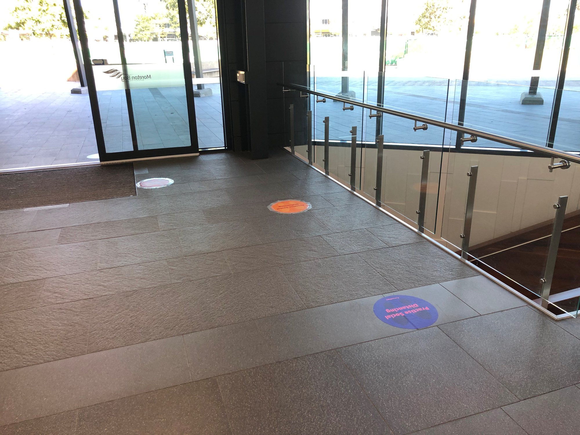 North Lakes Library - The Corso North Lakes - 15 May 2020 - reopening social distancing stickers exit