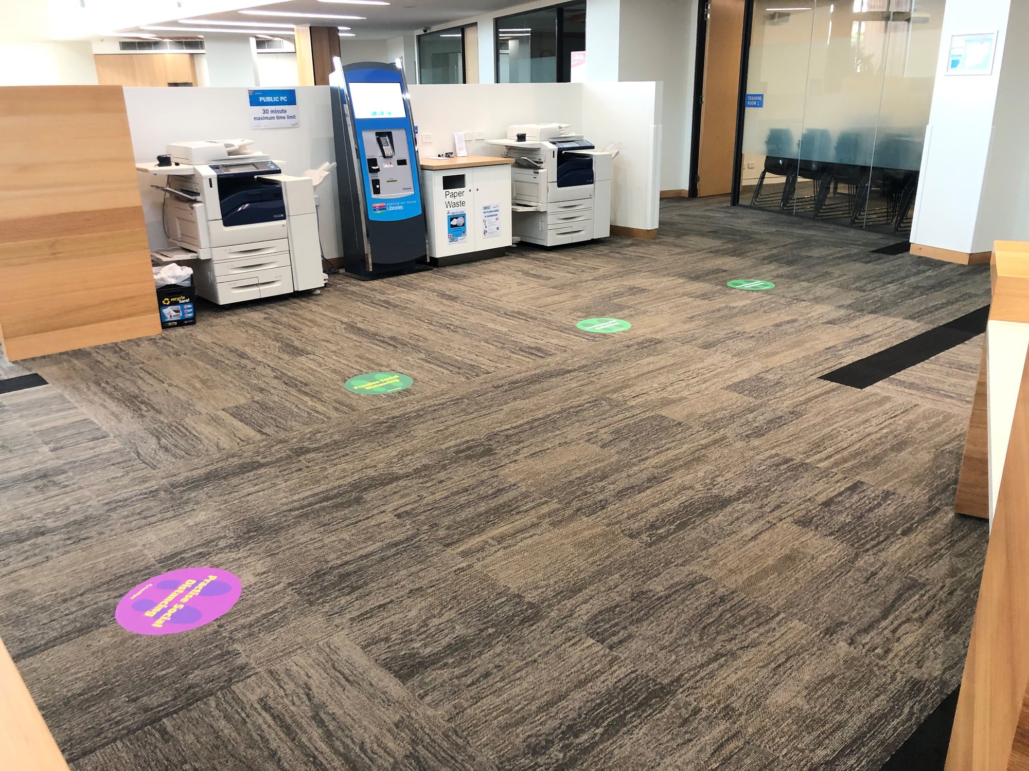 North Lakes Library - The Corso North Lakes - 15 May 2020 - reopening social distancing stickers printers