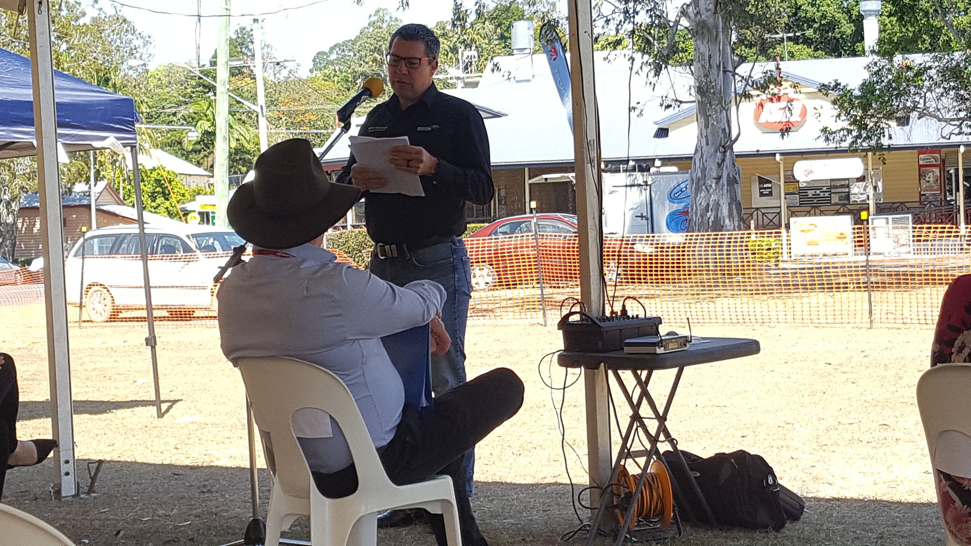 Dayboro Railway Centenary - Cnr Williams and Heathwood Street Dayboro - 26 Sep 2020 - Councillor Grimwade speaking and Greg Hallam QR Historian seated.