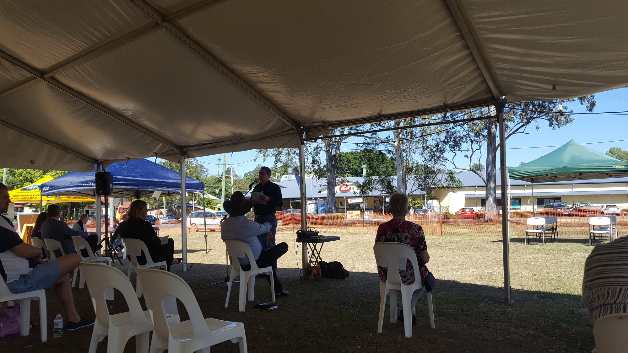 Dayboro Railway Centenary - Cnr Williams and Heathwood Street Dayboro - 26 Sep 2020 - COVID safe seating. Councillor Grimwade speaking. Carmel Bond at front.