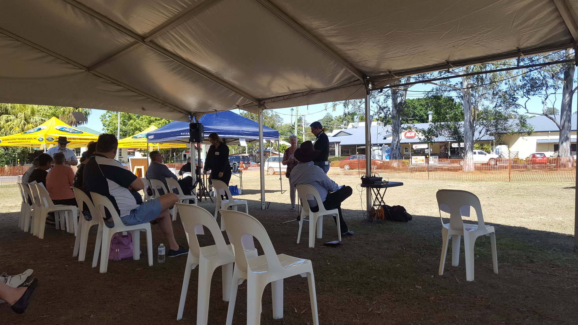 Dayboro Railway Centenary - Cnr Williams and Heathwood Street Dayboro - 26 Sep 2020 - COVID safe seating. Councillor Grimwade, Minister Nicky Boyd and Carmel Bond.