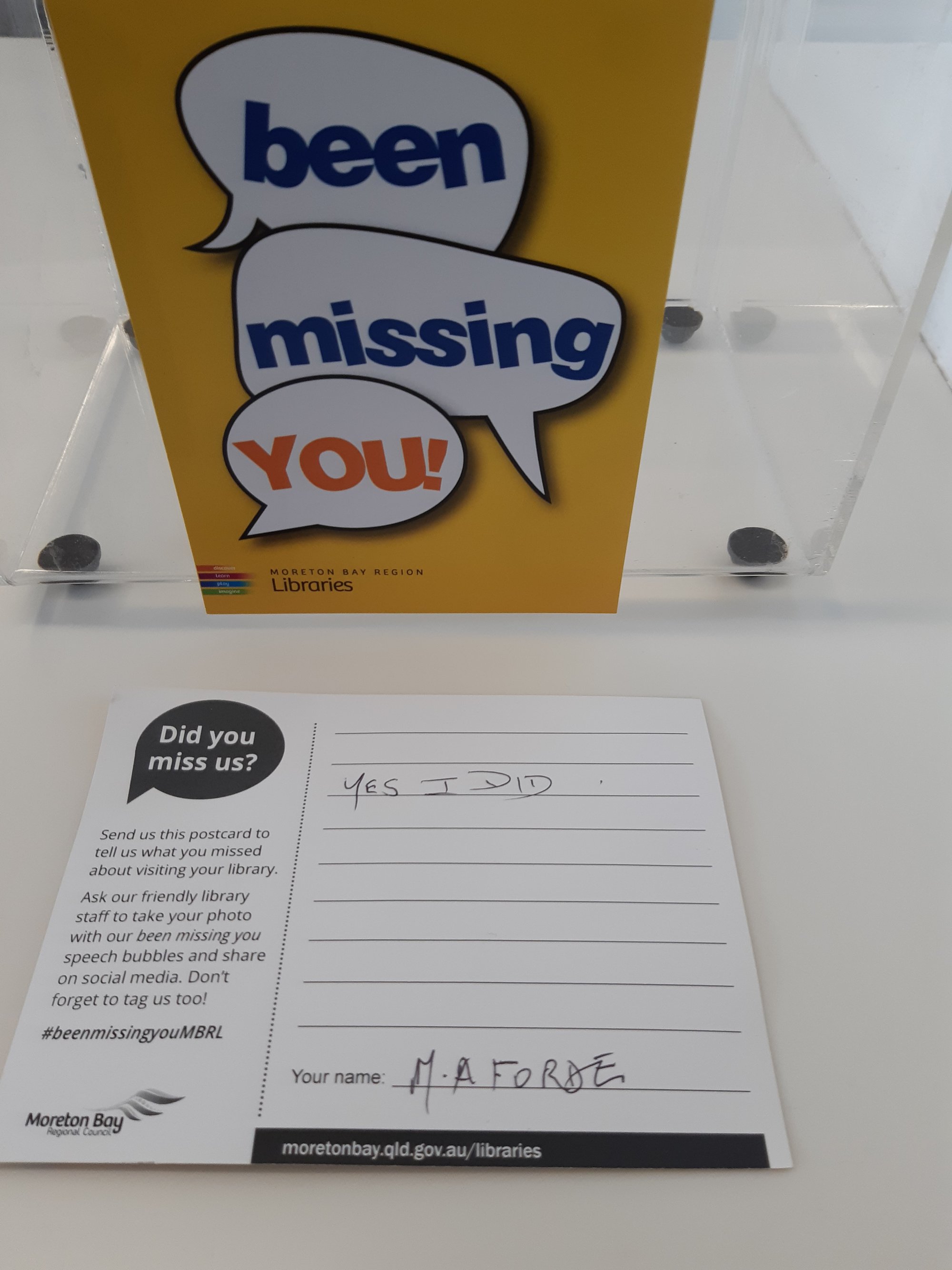 Caboolture Library - Hasking Street Caboolture - 16 May 2020 - reopening been missing you card M A Forde
