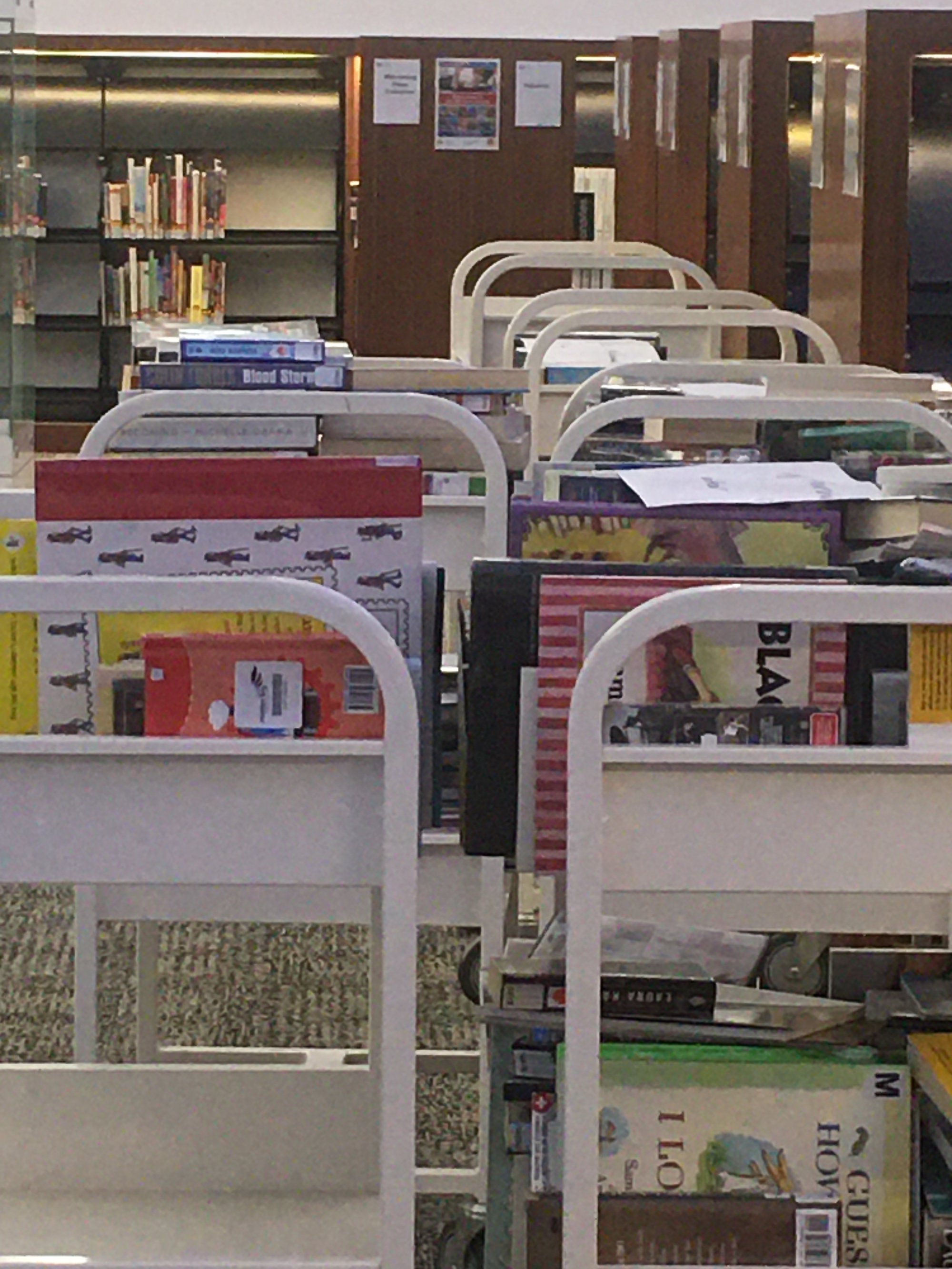 Caboolture Library - Hasking Street Caboolture - 7 April 2020 - returns trolley with quarantined items - 001