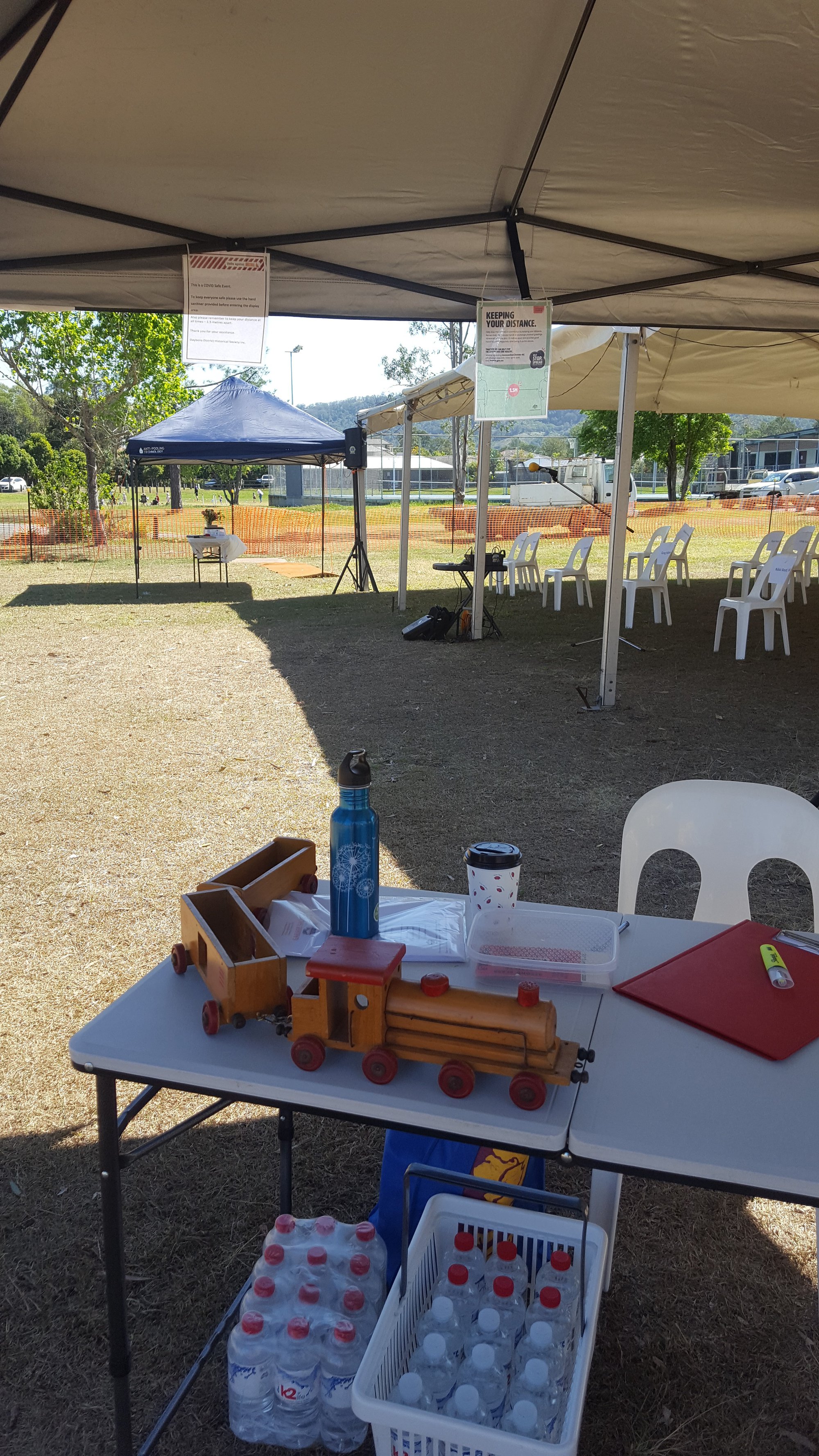 Dayboro Railway Centenary - Cnr Williams and Heathwood Street Dayboro - 26 Sep 2020 - COVID safe water bottles and signs