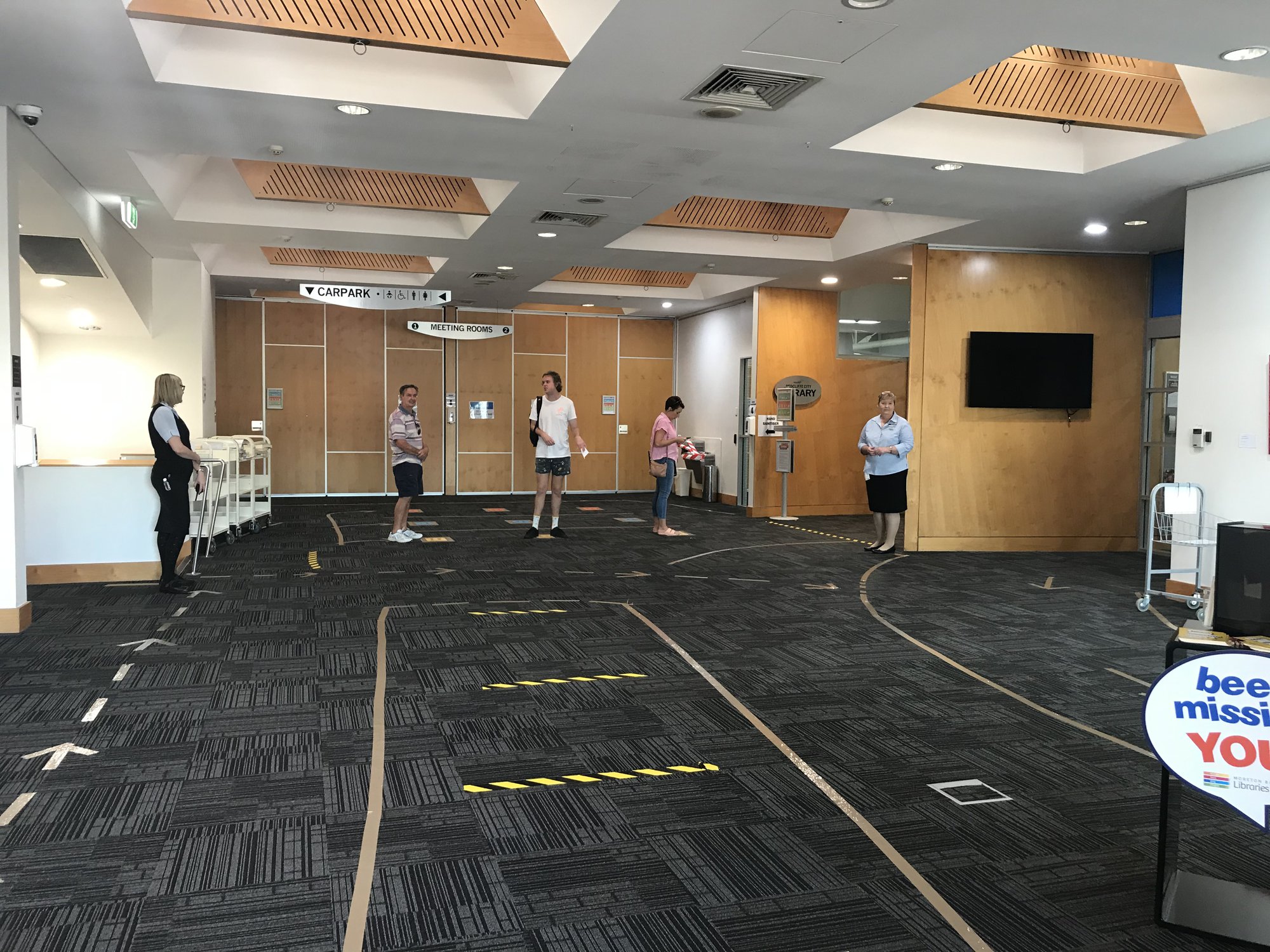 Redcliffe Library - Oxley Avenue Redcliffe - 16 May 2020 - reopening foyer customers queueing - 001
