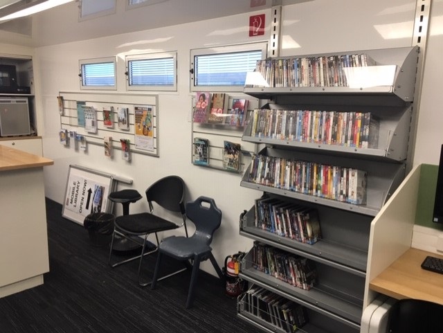 Mobile Library - Station Street Strathpine - 23 April 2020 - bare DVD shelves