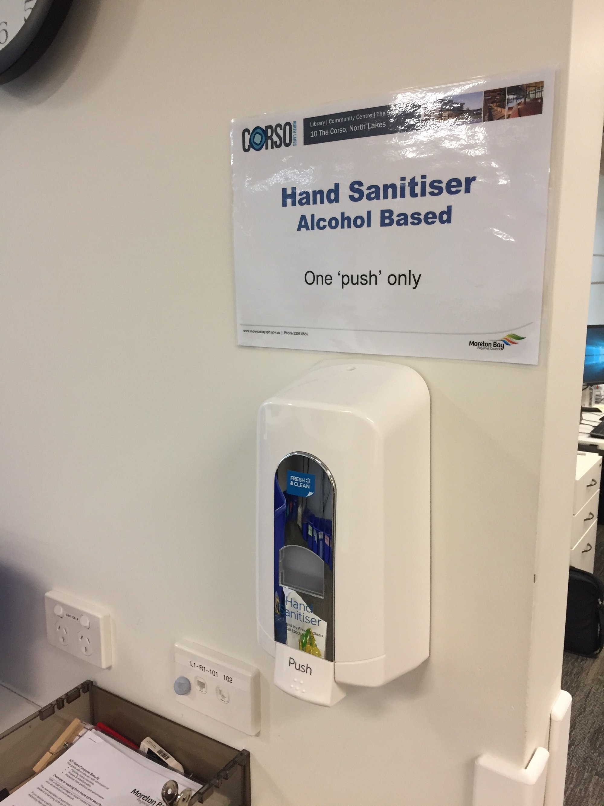 North Lakes Library - The Corso North Lakes - 08 April 2020 - sanitiser in staff workroom 