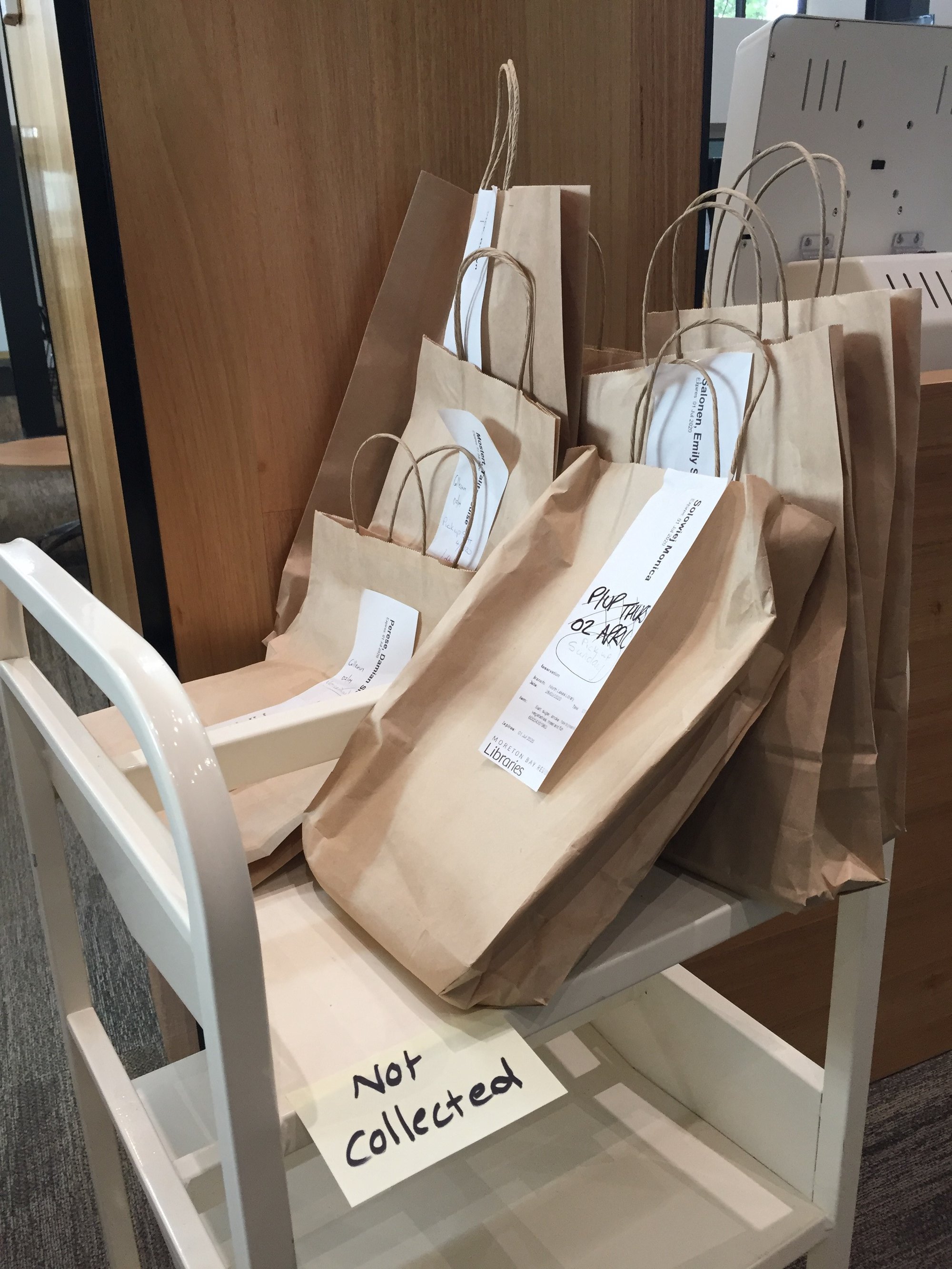 North Lakes Library - The Corso North Lakes - 08 April 2020 - trolley with items for customer collection