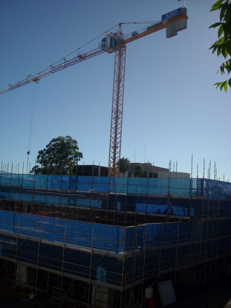 Scaffolding around the construction of the building known as the Caboolture Hub, 4 Hasking Street Caboolture
