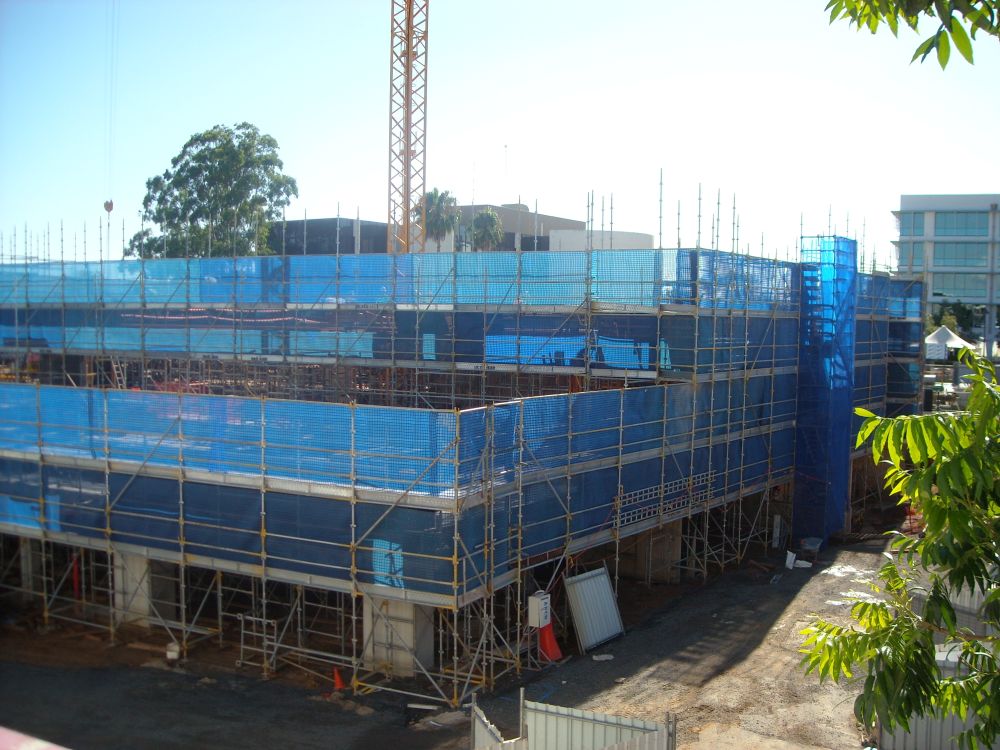 Scaffolding around the construction of the building known as the Caboolture Hub, 4 Hasking Street Caboolture