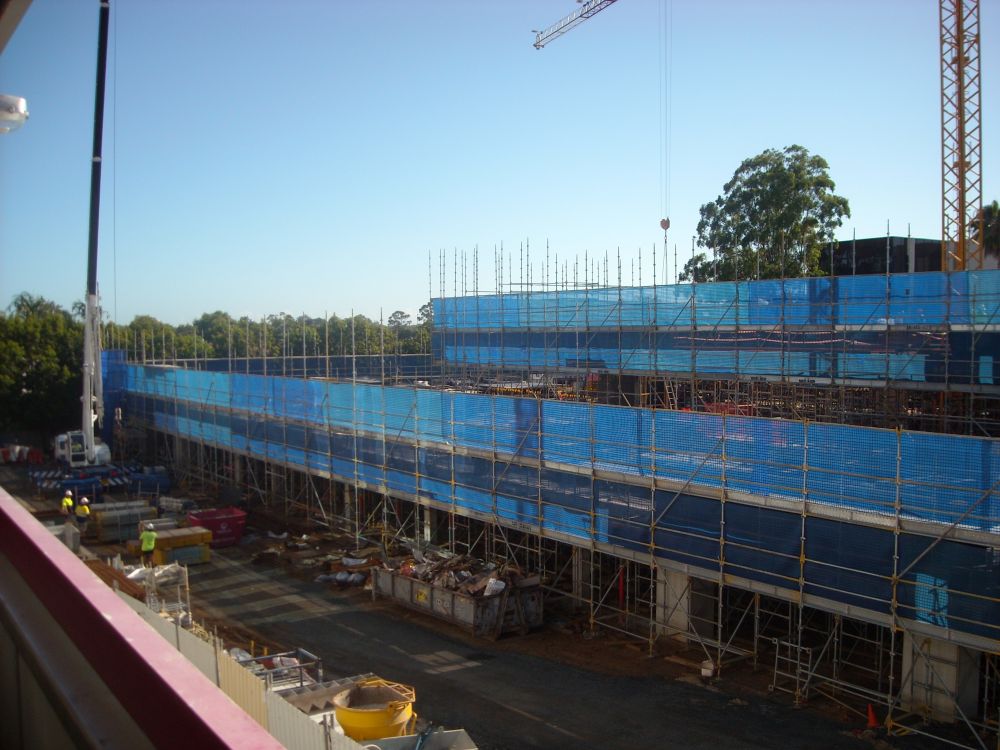 Scaffolding around the construction of the building known as the Caboolture Hub, 4 Hasking Street Caboolture