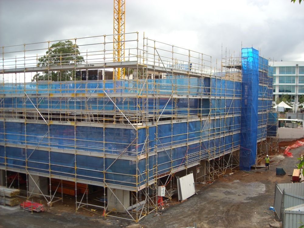 Scaffolding around the construction of the building known as the Caboolture Hub, 4 Hasking Street Caboolture