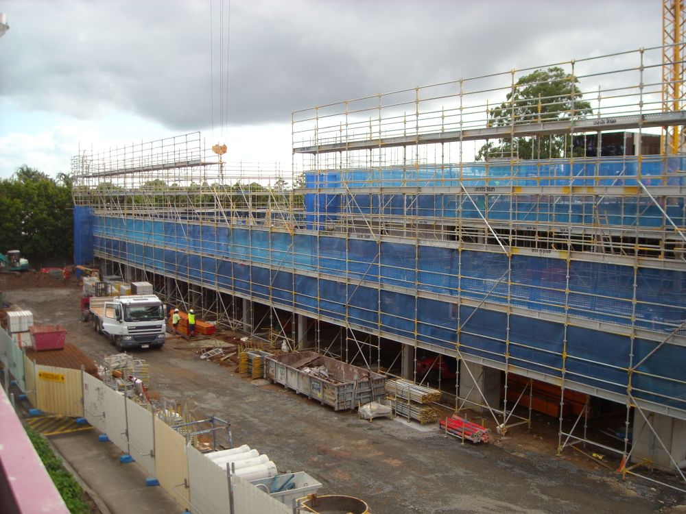 Scaffolding around the construction of the building known as the Caboolture Hub, 4 Hasking Street Caboolture