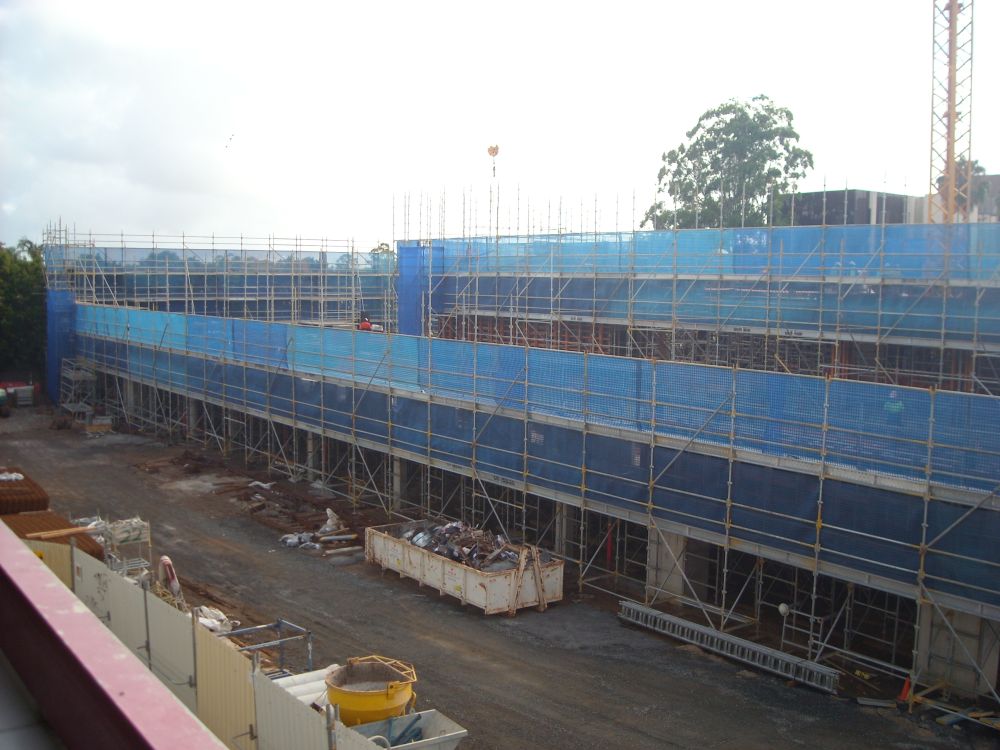 Scaffolding around the construction of the building known as the Caboolture Hub, 4 Hasking Street Caboolture