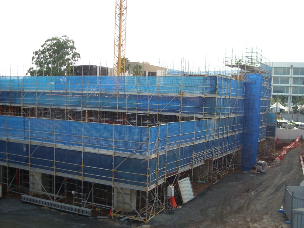 Scaffolding around the construction of the building known as the Caboolture Hub, 4 Hasking Street Caboolture