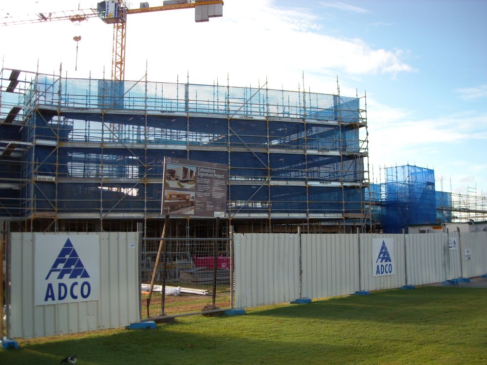 Scaffolding around the construction of the building known as the Caboolture Hub, 4 Hasking Street Caboolture