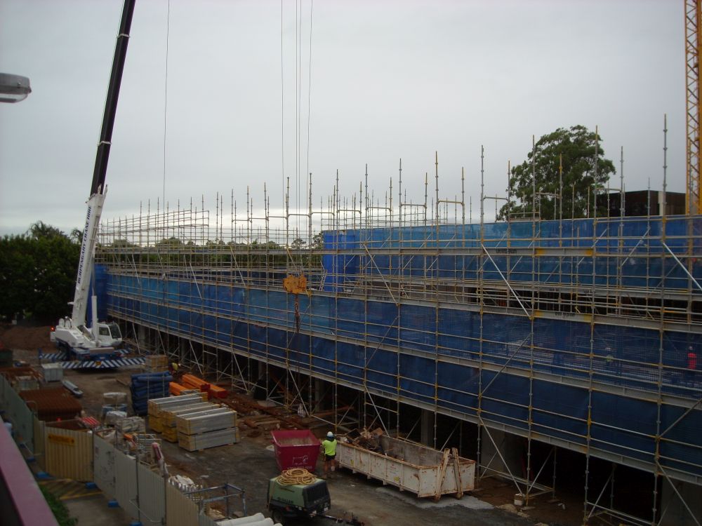 Scaffolding around the construction of the building known as the Caboolture Hub, 4 Hasking Street Caboolture