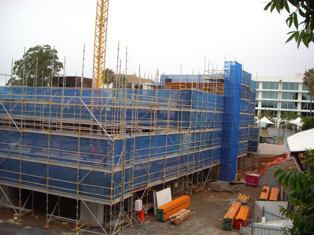 Scaffolding around the construction of the building known as the Caboolture Hub, 4 Hasking Street Caboolture