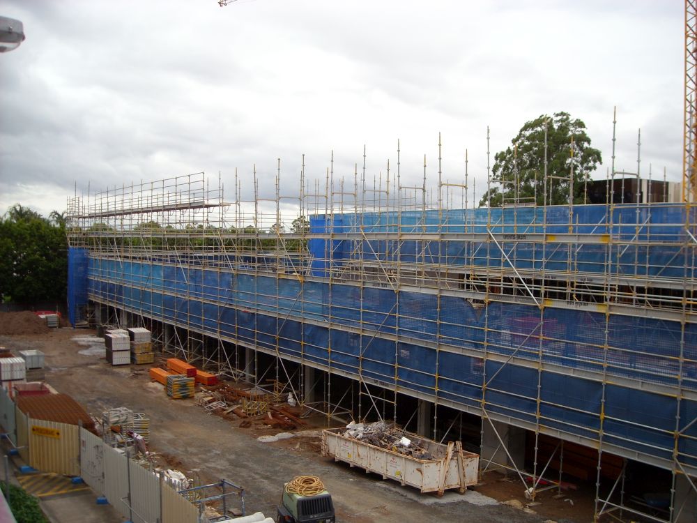 Scaffolding around the construction of the building known as the Caboolture Hub, 4 Hasking Street Caboolture