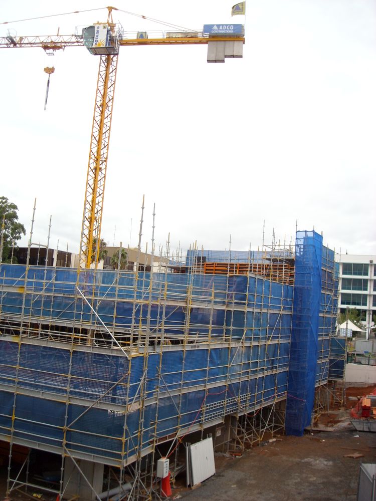 Scaffolding around the construction of the building known as the Caboolture Hub, 4 Hasking Street Caboolture