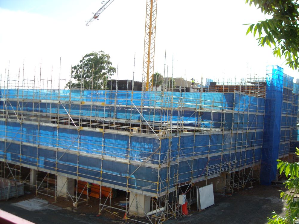Scaffolding around the construction of the building known as the Caboolture Hub, 4 Hasking Street Caboolture