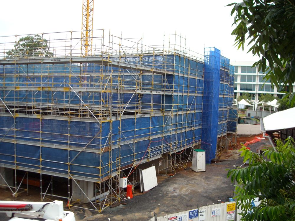 Scaffolding around the construction of the building known as the Caboolture Hub, 4 Hasking Street Caboolture