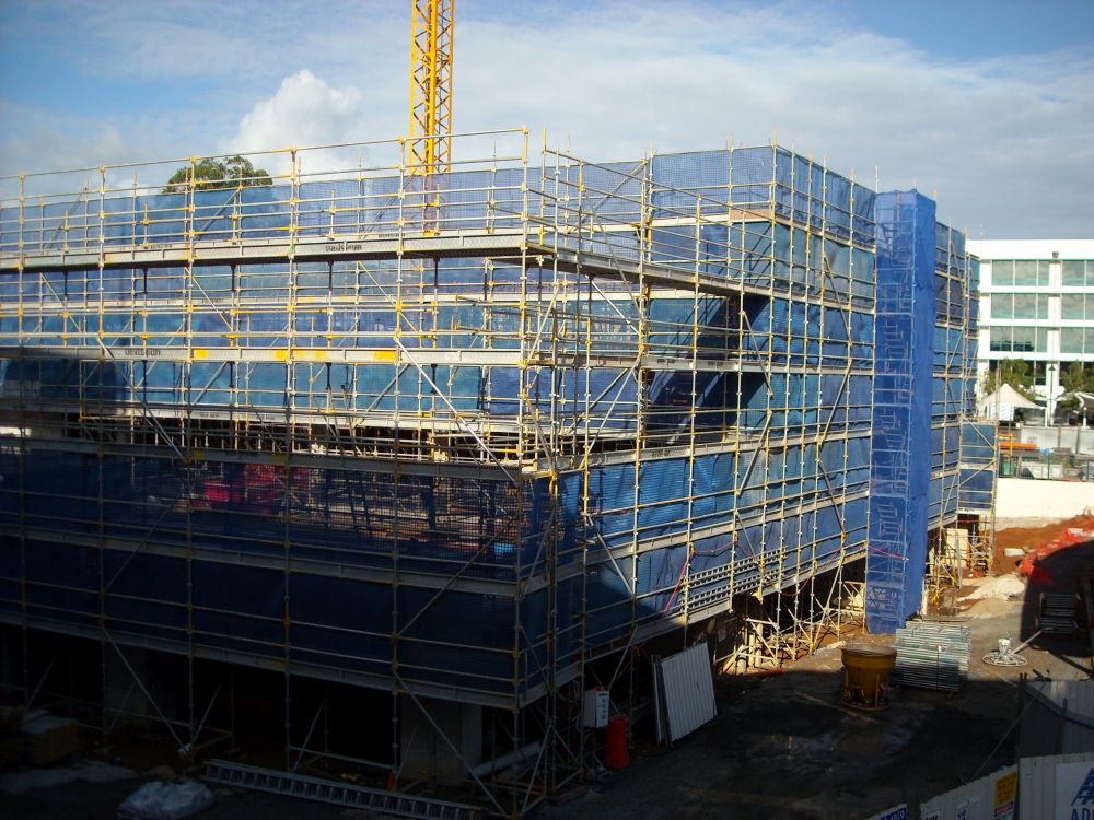 Scaffolding around the construction of the building known as the Caboolture Hub, 4 Hasking Street Caboolture