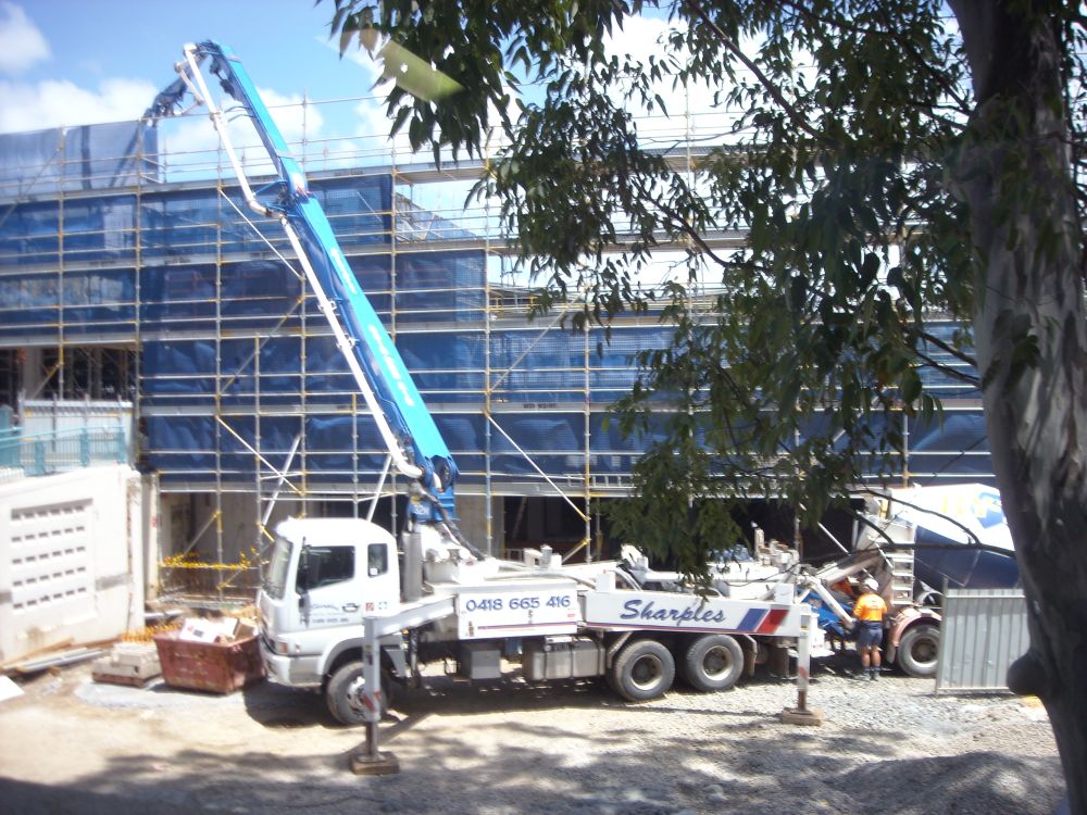 Concrete being poured on the construction site of the Caboolture Hub, 4 Hasking Street Caboolture
