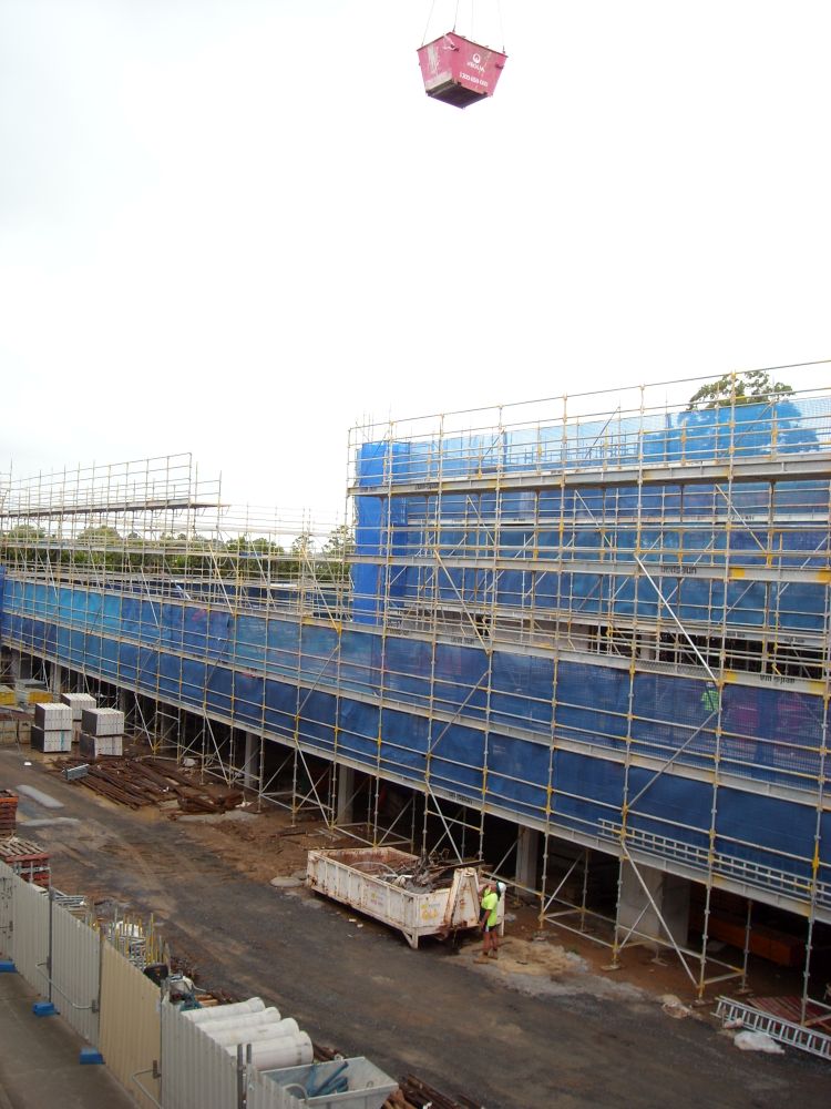 Scaffolding around the construction of the building known as the Caboolture Hub, 4 Hasking Street Caboolture