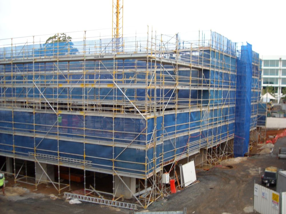 Scaffolding around the construction of the building known as the Caboolture Hub, 4 Hasking Street Caboolture