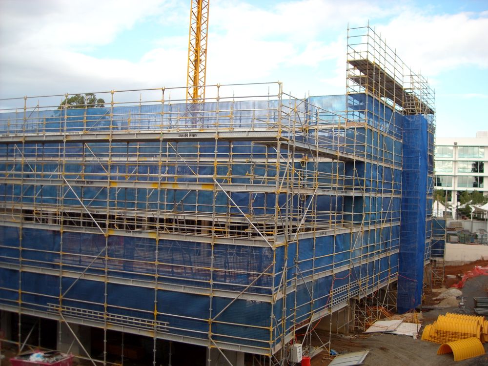 Scaffolding around the construction of the building known as the Caboolture Hub, 4 Hasking Street Caboolture