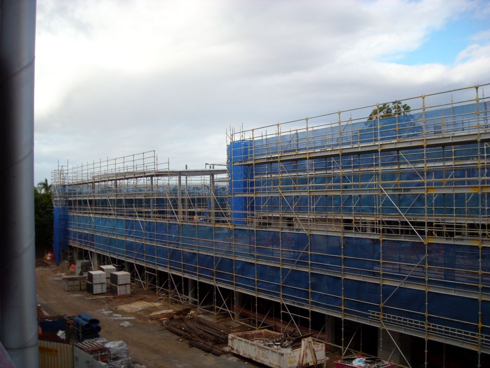Scaffolding around the construction of the building known as the Caboolture Hub, 4 Hasking Street Caboolture