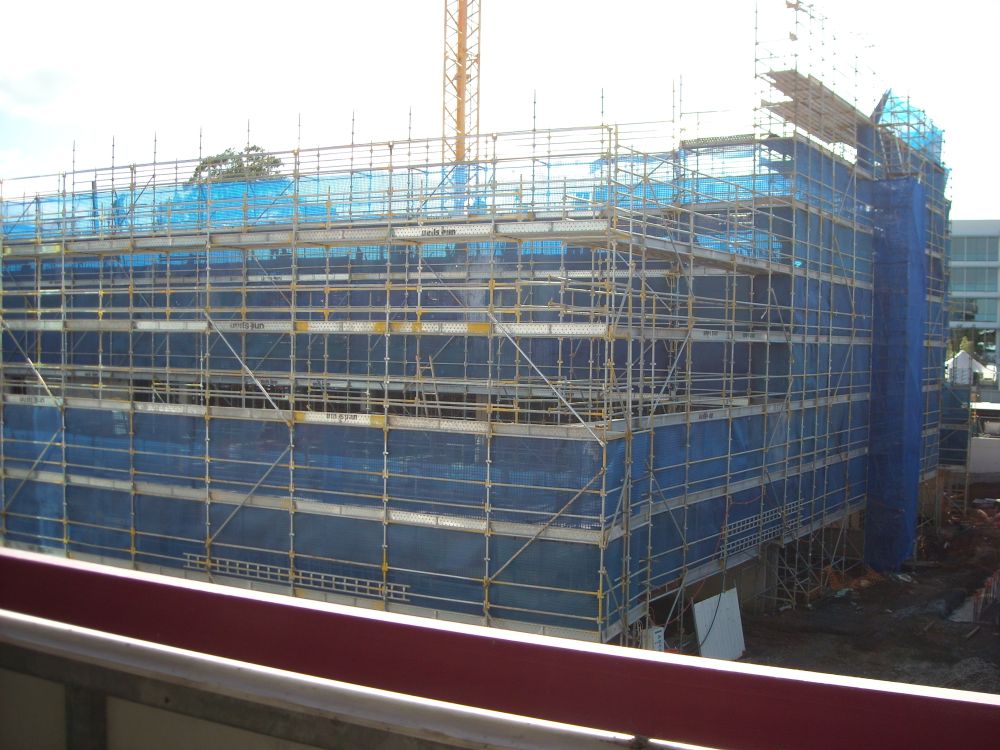 Scaffolding around the construction of the building known as the Caboolture Hub, 4 Hasking Street Caboolture