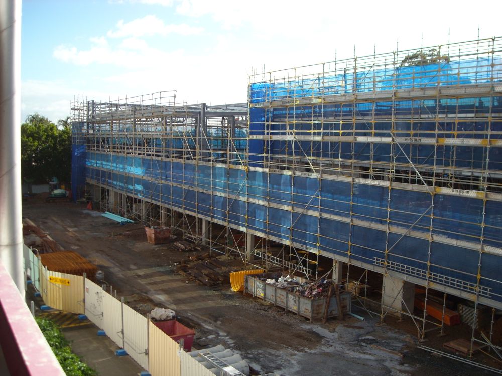 Scaffolding around the construction of the building known as the Caboolture Hub, 4 Hasking Street Caboolture