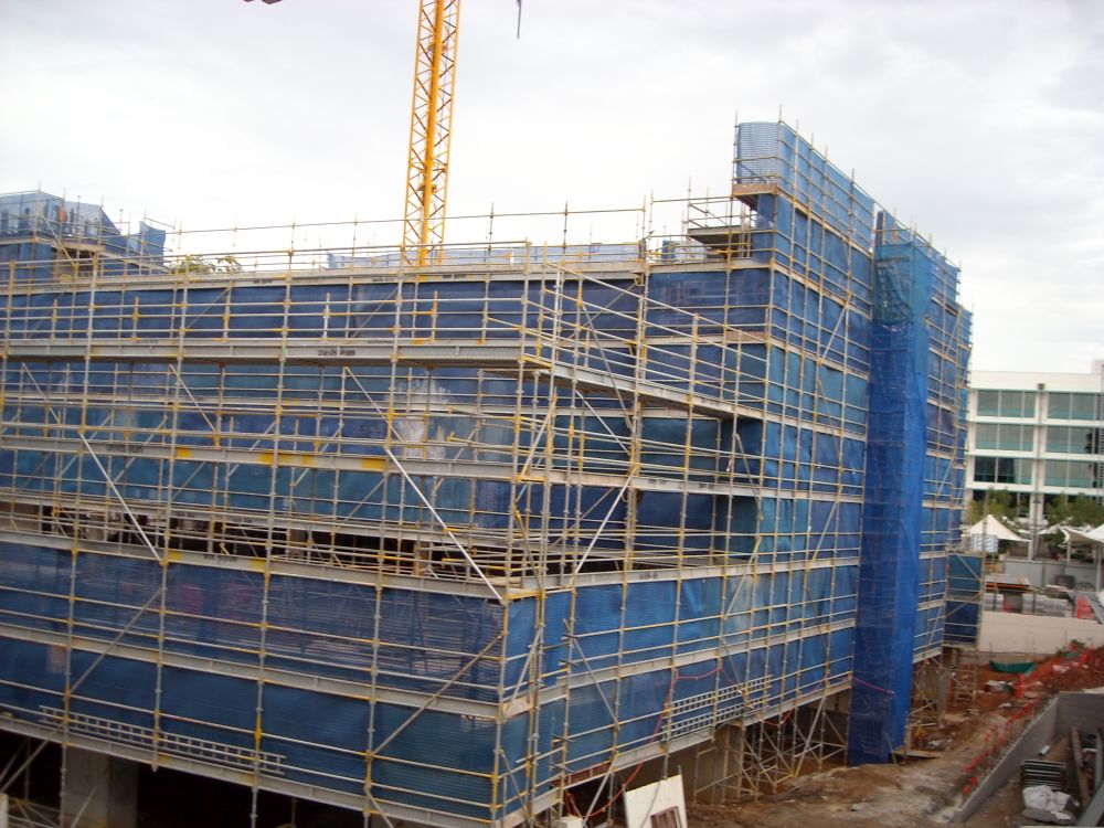 Scaffolding around the construction of the building known as the Caboolture Hub, 4 Hasking Street Caboolture