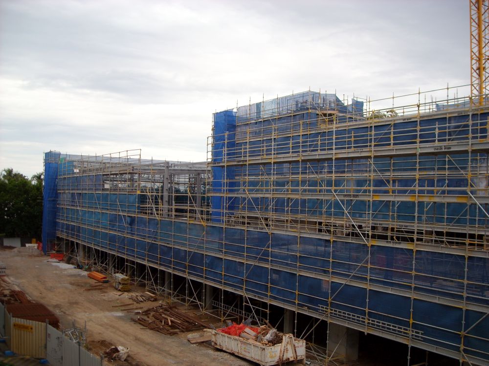 Scaffolding around the construction of the building known as the Caboolture Hub, 4 Hasking Street Caboolture