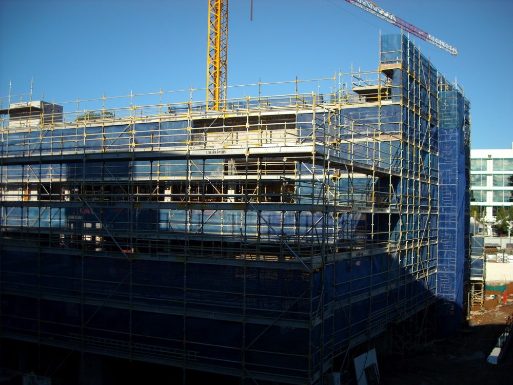 Scaffolding around the construction of the building known as the Caboolture Hub, 4 Hasking Street Caboolture