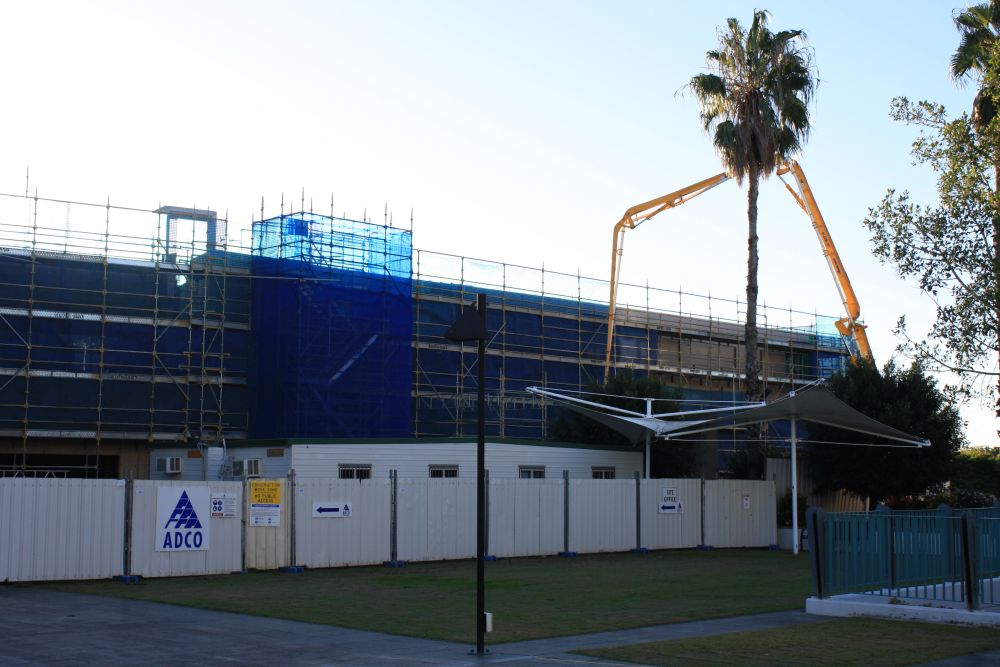 Scaffolding around the construction of the building known as the Caboolture Hub, 4 Hasking Street Caboolture