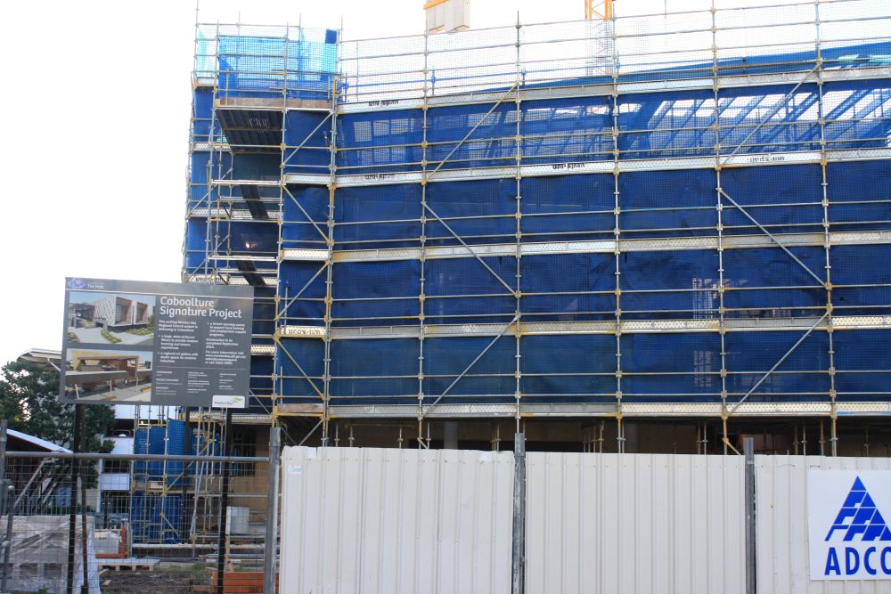 Scaffolding around the construction of the building known as the Caboolture Hub, 4 Hasking Street Caboolture