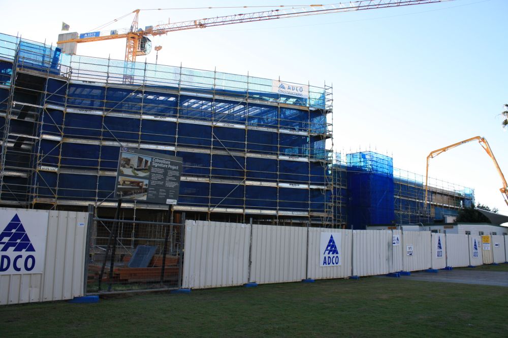 Scaffolding around the construction of the building known as the Caboolture Hub, 4 Hasking Street Caboolture