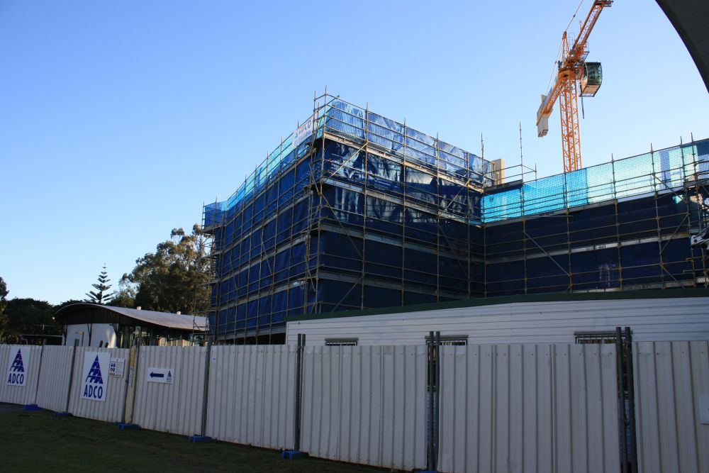 Scaffolding around the construction of the building known as the Caboolture Hub, 4 Hasking Street Caboolture