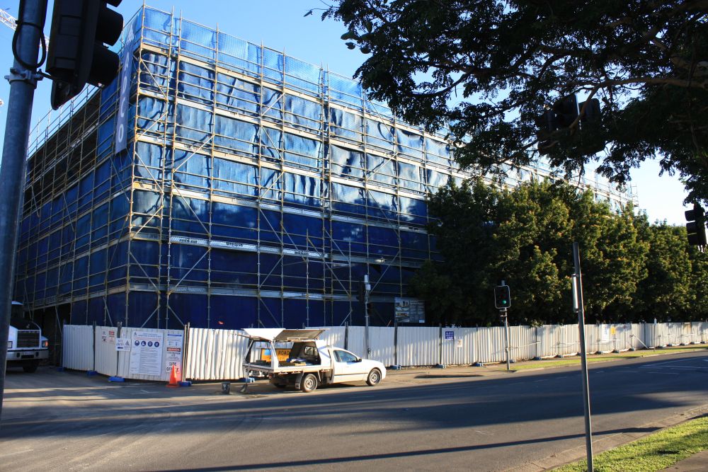Scaffolding around the construction of the building known as the Caboolture Hub, 4 Hasking Street Caboolture