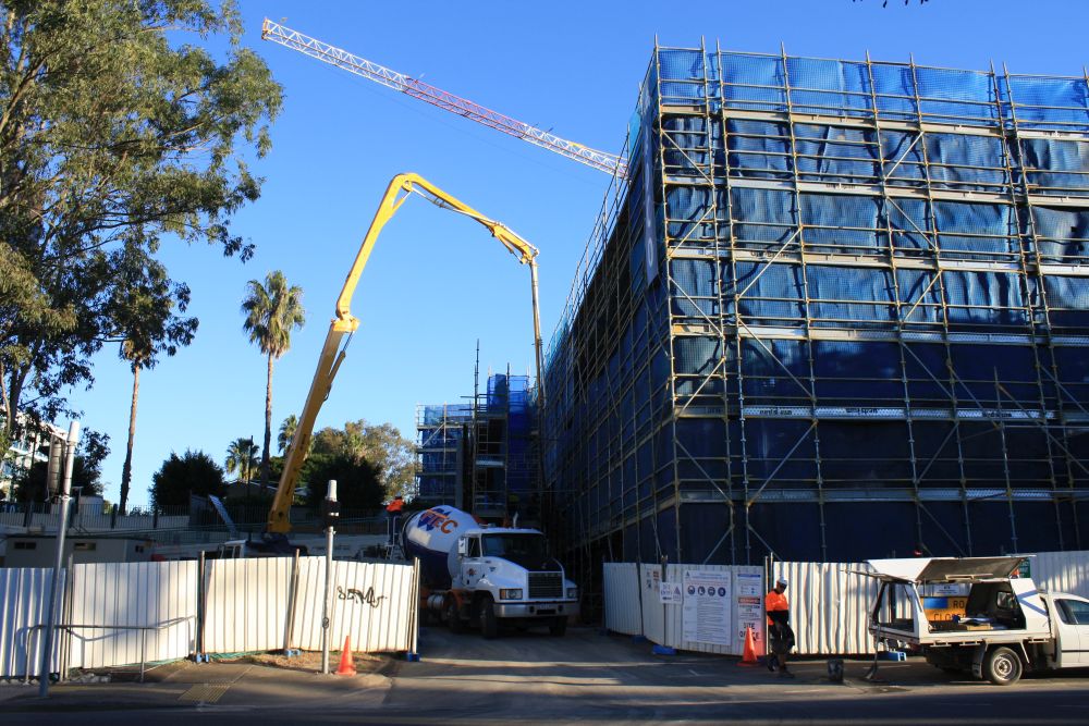 Scaffolding around the construction of the building known as the Caboolture Hub, 4 Hasking Street Caboolture