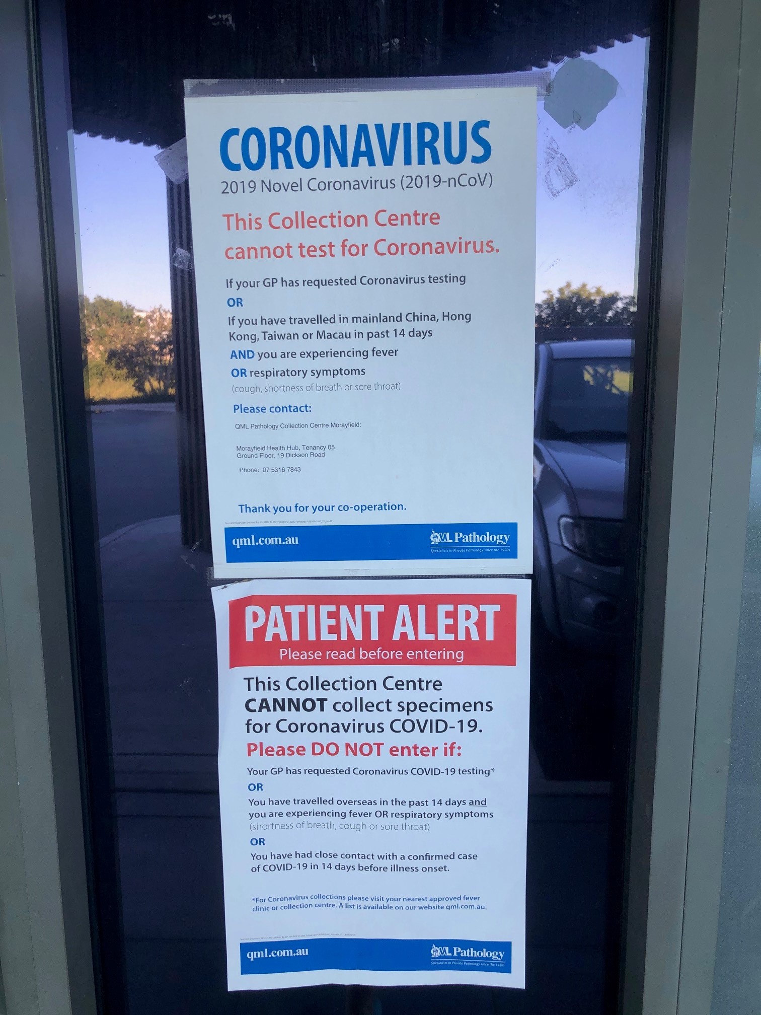 QML Pathology Warner Marketplace Samsonvale Road Warner - 10 April 2020 - cannot test for Coronavirus signage
