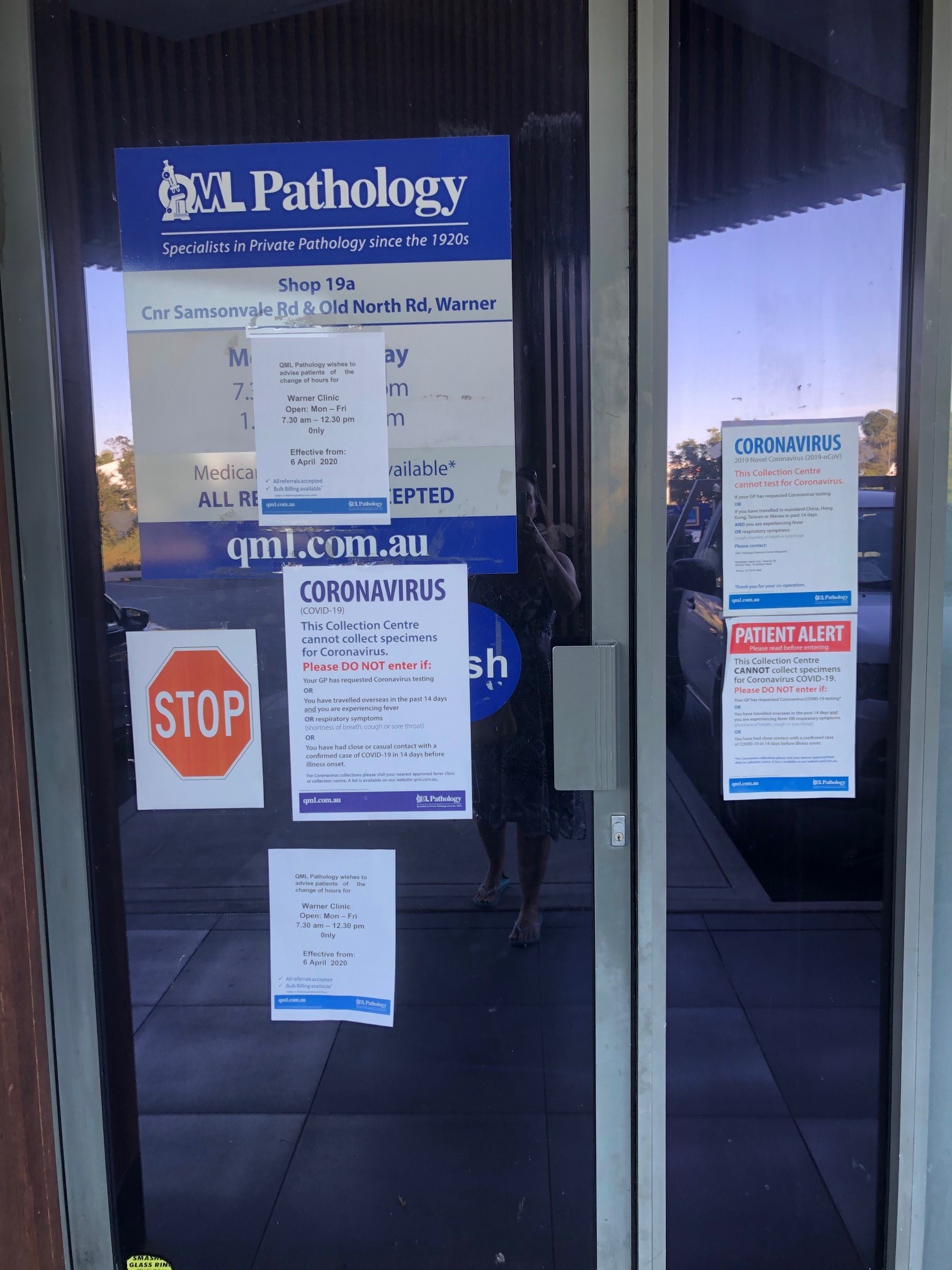 QML Pathology Warner Marketplace Samsonvale Road Warner - 10 April 2020 - coronavirus signage