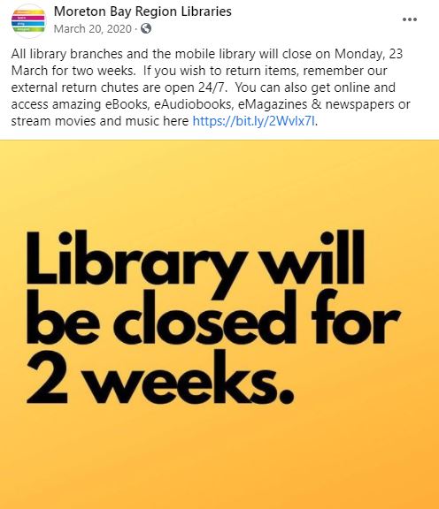 Moreton Bay Region Libraries Facebook Post 20 March 2020 - Library closed 2 weeks
