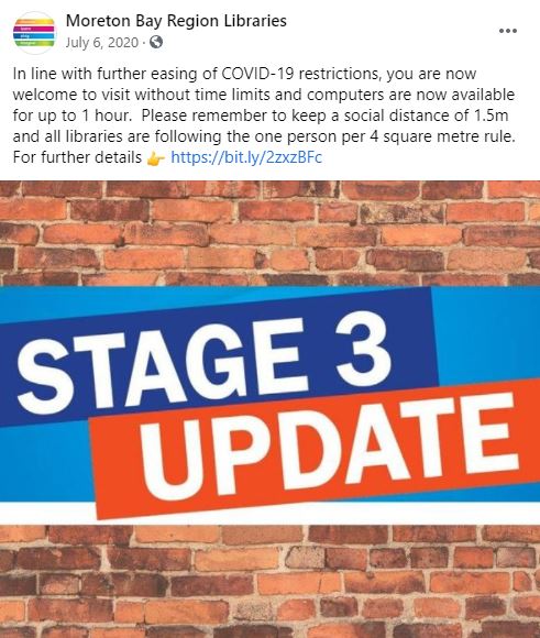 Moreton Bay Region Libraries Facebook Post 6 July 2020 - Stage 3 Update