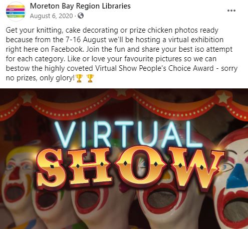 Moreton Bay Region Libraries Facebook Post 6 August 2020 - Virtual Exhibition Announcement