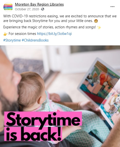 Moreton Bay Region Libraries Facebook Post 27 October 2020 - Storytime is Back