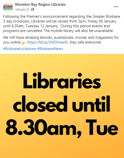Moreton Bay Region Libraries Facebook Post 8 January 2021 - Library 3-day Closure